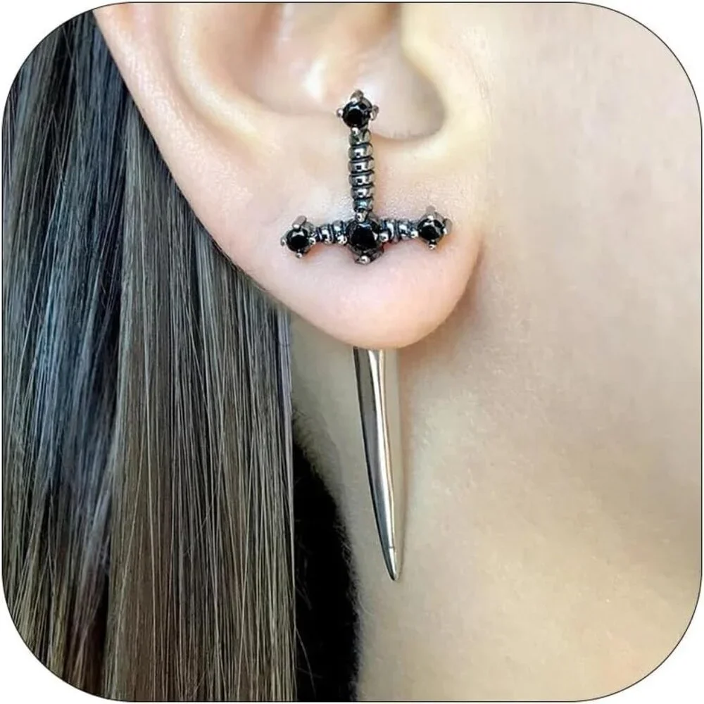 Women's Black Sword Punk Style Dagger Push Back Halloween Earrings Accessories